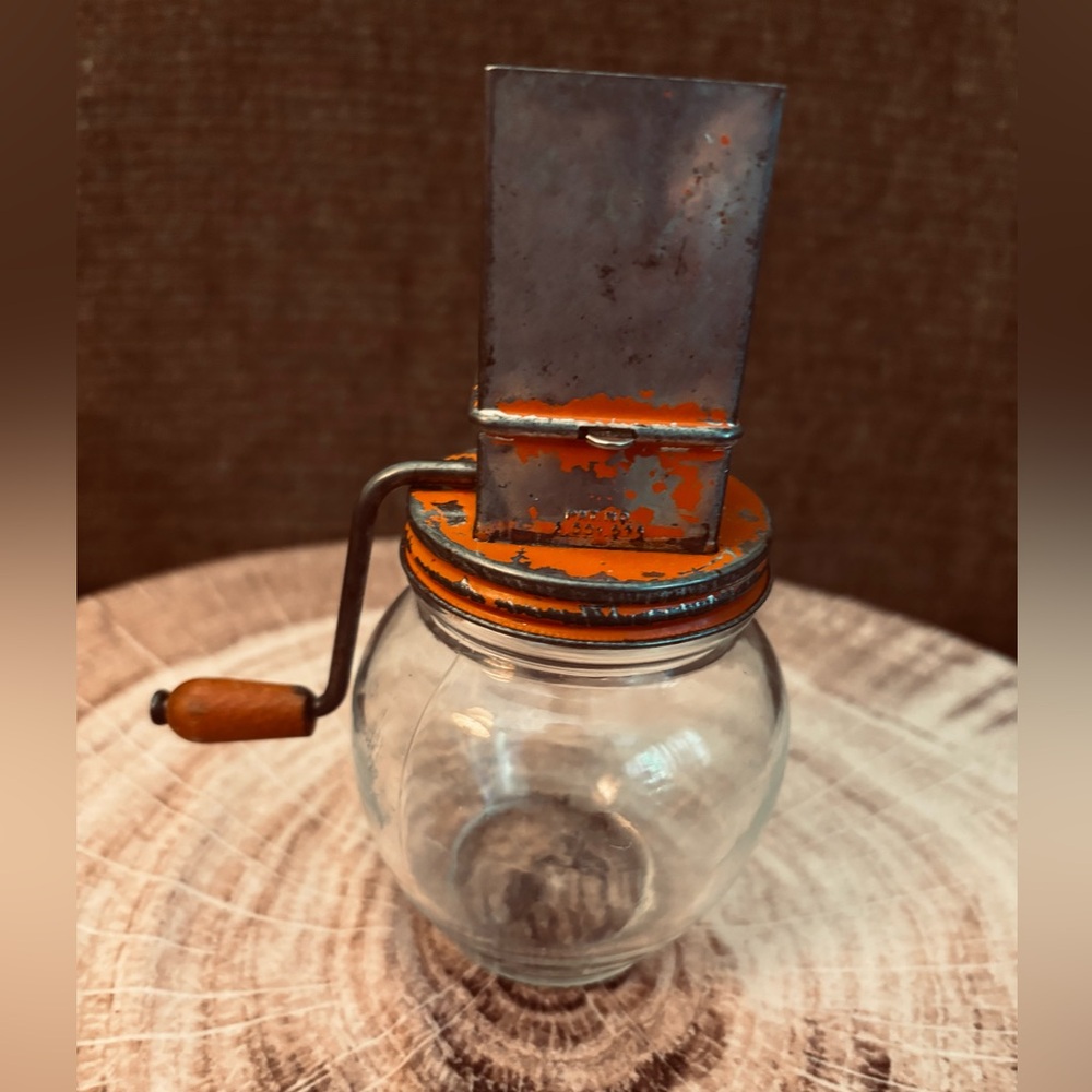 VTG Hazel Atlas  Glass Nut Grinder Chopper Orange Metal Top Wood Handle 5935